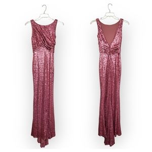 Badgley Mischka Rose Pink Sequin High Neck Low Back Evening Gown with Train 2